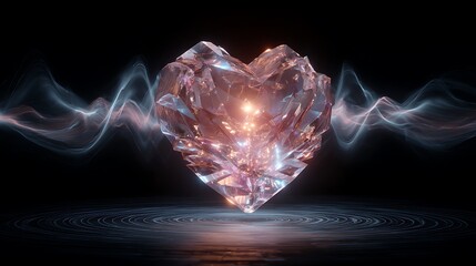Glowing crystal heart surrounded by mystical energy on dark background with intricate patterns
