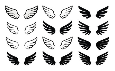 Modern Stylized Wing Vector Icons in Black and White Outline and Solid Versions