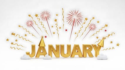 Golden January text with fireworks, confetti and party hats on white background word month