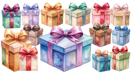 Watercolor presents with colorful bows and ribbons, arranged on a black background