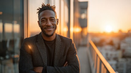 Confident man smiling on balcony during sunset with city view