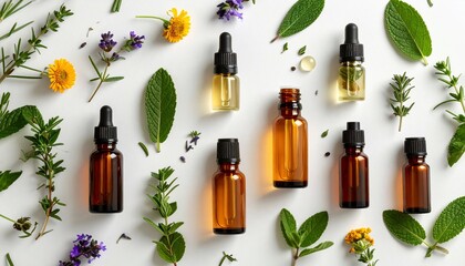 Overhead shot of amber glass bottles with droppers surrounded by fresh herbs and flowers