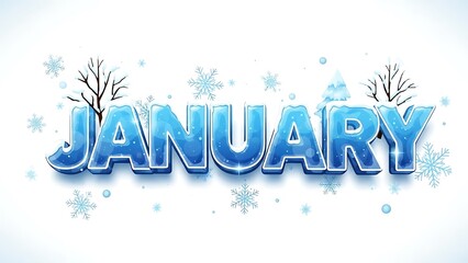 January text with winter snow and ice elements on white background snowflakes