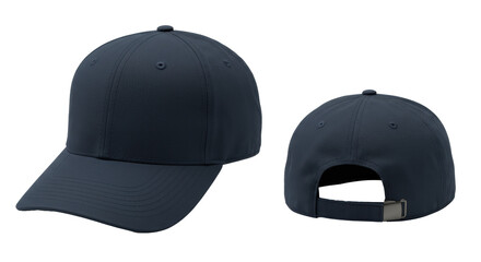 Navy blue flat-brim baseball cap, cotton twill, snap closure, front, side, back views, isolated on transparent background with ample copy space for product mockups
