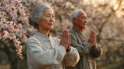 Elderly Couple in Cherry Blossom Park Practicing Mindfulness and Peace