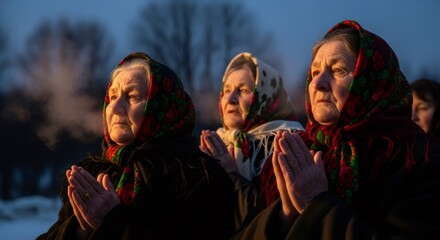 Fototapeta premium Three elderly caucasian women praying outdoors. Christian religion concept with tradition folk clothing for Eastern European Epiphany.