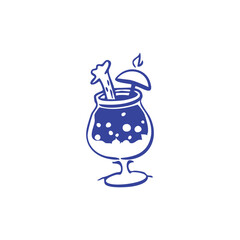 Blue drink in a tall glass with garnish, including an umbrella and a stem