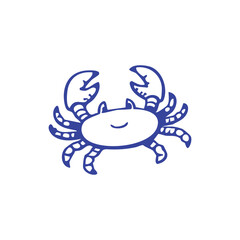 A minimalist blue crab illustration with a smiling face on a white background