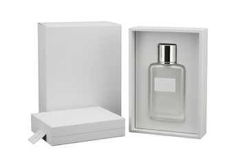 Matte white perfume bottle with shiny silver cap nested in an open luxury box, a closed matching box alongside on a seamless dark gray studio background, concept of minimalist luxury branding