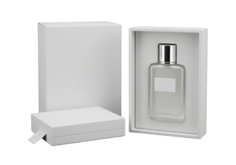 Matte white perfume bottle with shiny silver cap nested in an open luxury box, a closed matching box alongside on a seamless dark gray studio background, concept of minimalist luxury branding