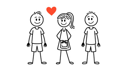 A stick figure woman with a red heart above her, choosing between two stick figure men, depicting a love triangle