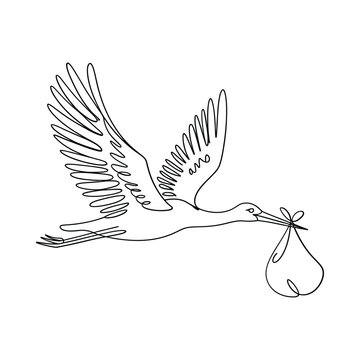 A minimalist line drawing of a stork carrying a baby bundle