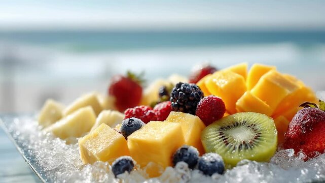 Fresh fruit platter on ice strawberries blueberries kiwi mango pineapple melon tropical summer refreshment colorful dessert