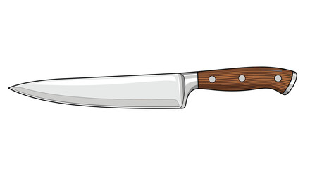 Professional kitchen chef knife with a sharp silver blade and a textured brown wooden handle is illustrated in a realistic vector style.