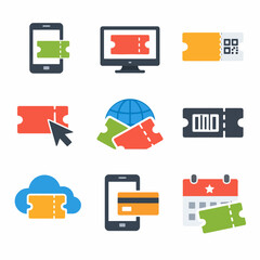 Digital ticket icons set: mobile concert, qr code, barcode, cloud, payment
