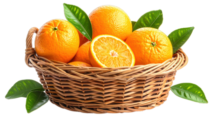 A woven basket brimming with ripe oranges and green leaves, one cut