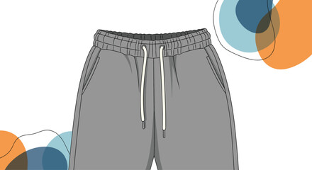 Pair of comfortable gray sweatpants with an elastic waistband and white drawstrings is shown against a colorful abstract background art.