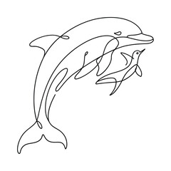 A minimalist line drawing of a dolphin and a bird in flight