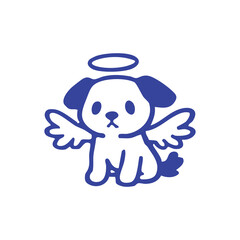 A blue cartoon angel dog with a halo and wings, seated on a white background
