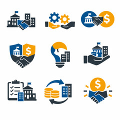 Business partnership icons - handshake, currency, buildings, gears, ideas