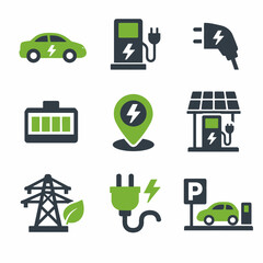 Electric vehicle icons: charging, battery, and renewable energy symbols