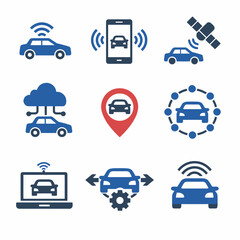 Autonomous vehicle technology icons set featuring gps and connectivity elements