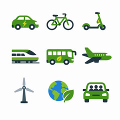 Eco-friendly transport icons: car, bicycle, scooter, train, bus, plane, wind turbine, earth