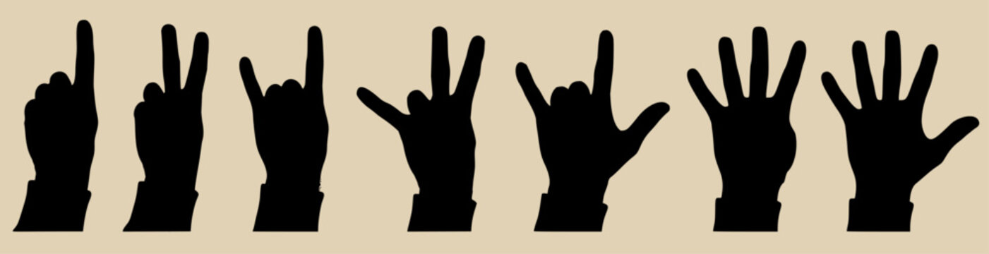 Vector set of diverse hand gestures: counting one to five (1-5), peace sign, "rock on" symbol, and "I love you" sign. Black silhouettes isolated.