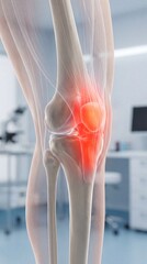Medical visualization of a human knee joint, showcasing anatomical structure with areas of pain, in a modern, clinical setting.