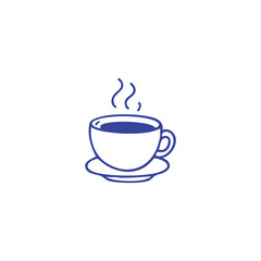 A blue coffee cup with steam rising from it, on a saucer against a white background