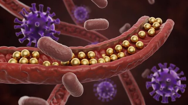 Microscopic view of endothelial cells, VCAM-1 upregulation, bacteria, and viruses