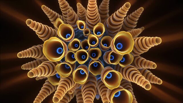 Microscopic view of human foveal cone photoreceptors in a starburst pattern.