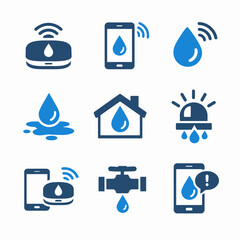 Smart water leak detection system icons in blue tones
