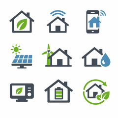 Smart eco-friendly home icons displaying solar panels and renewable energy
