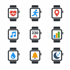 Smartwatch display grid with health, fitness, and utility icons on white background