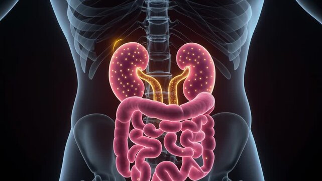 Medical illustration of human kidneys and digestive system