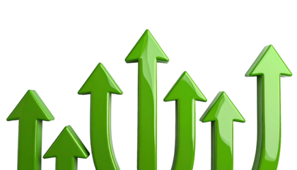 Six green arrows pointing upwards, emerging from a dark, transparent background