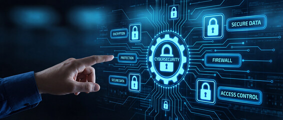 Businessman hand touching virtual cybersecurity interface with padlock icons for data protection, encryption, firewall and access control. Concept of digital safety and network security technology.