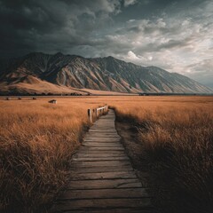 Mountain vista via wooden path through golden field