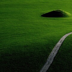 Path curving through vibrant green field, small hill far away