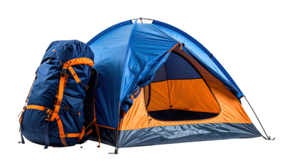 Camping gear featuring a blue & orange tent beside a large blue hiking backpack