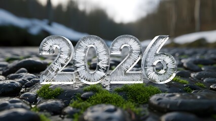 Icy 2026 Numbers on Wet River Stones and Moss: 3D Rendered Ice Sculpture Symbolizing New Year, Winter, and Future Transition.