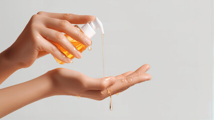 Female hands applying skincare oil liquid from pump bottle
