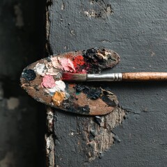 Artful palette & brush, textured wood, close-up, painterly