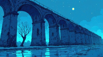 Stone viaduct arches over a river under a moonlit sky