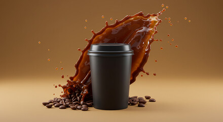 Dynamic splash of coffee erupting from a black takeaway cup, surrounded by scattered coffee beans on a Dynamic splash &mdash; energetic, bold, and artistic coffee concept