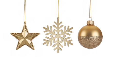 Gold Christmas ornaments hanging on strings gold ornaments isolated on a transparent background
