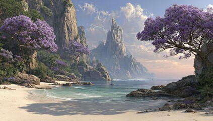 Serene coast with jagged peaks & purple-flowered trees