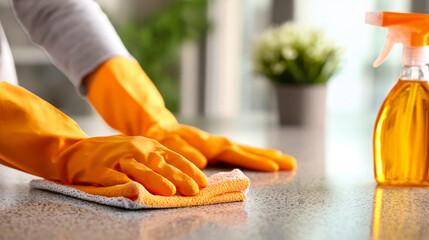 Close-up of hands wearing orange gloves cleaning a kitchen counter with a rag and spray bottle, showcasing domestic tasks in a bright and airy space
