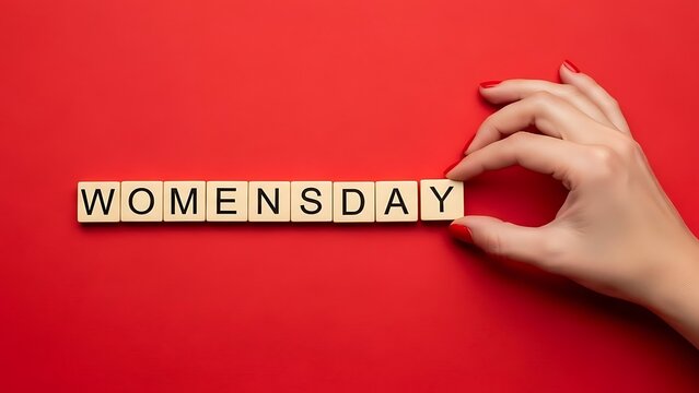 Celebrating women's day with scrabble tiles on red background
